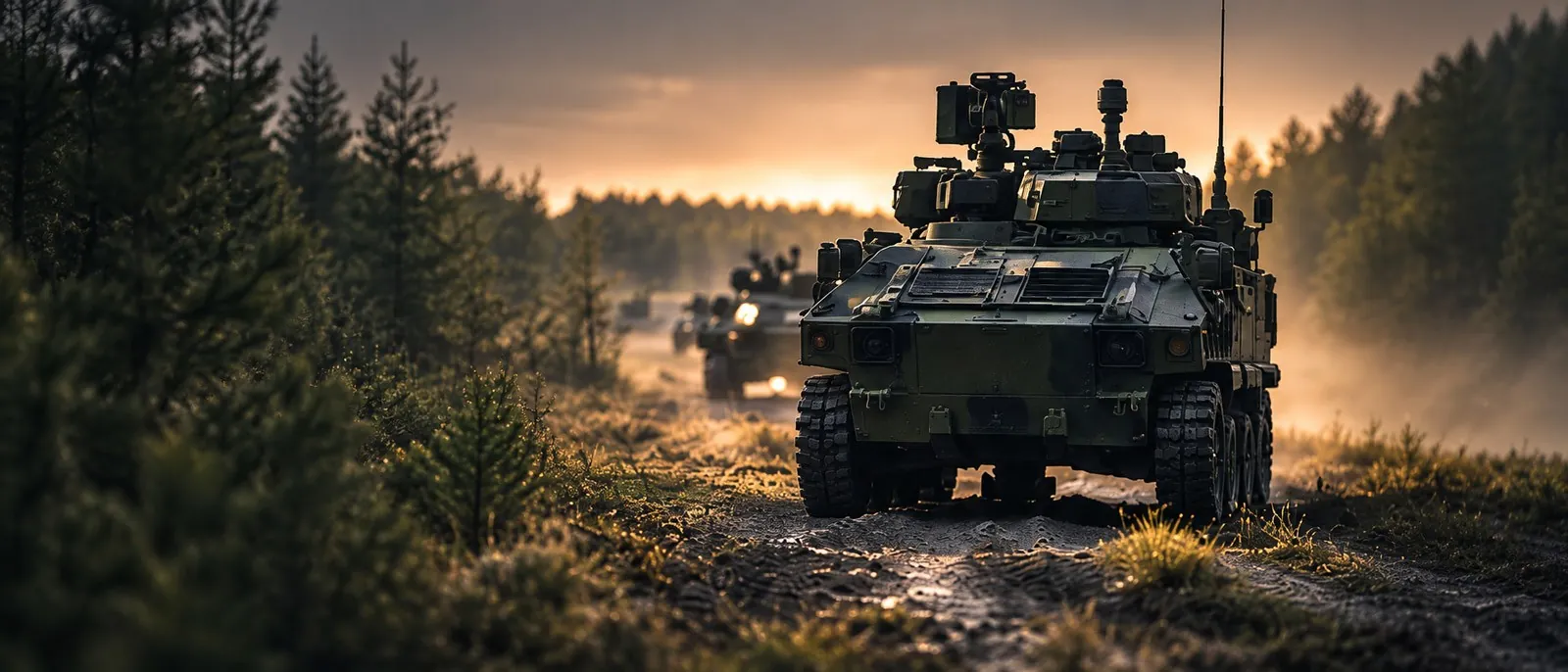 militärfordon i skogsmiljö